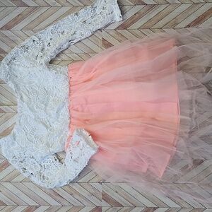 Boho Flower Girl Dress White Lace & Blush Pink Tulle Long Sleeve Rustic Wedding